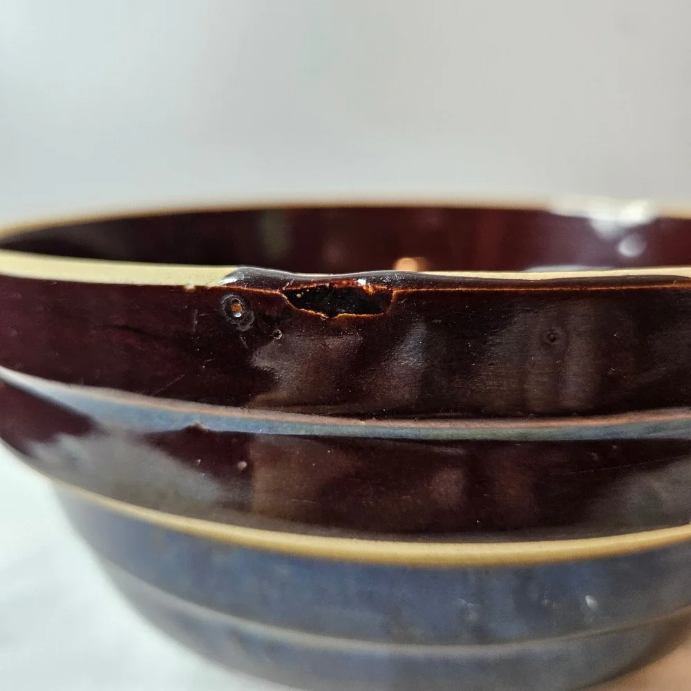Vintage‎ USA 8 Inch Banded Stoneware Mixing Bowl Brown Blue Tan Ribbed Pottery